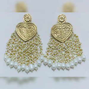 Golden Heart Pearl Earrings for Women, Handmade Traditional Big Earrings,